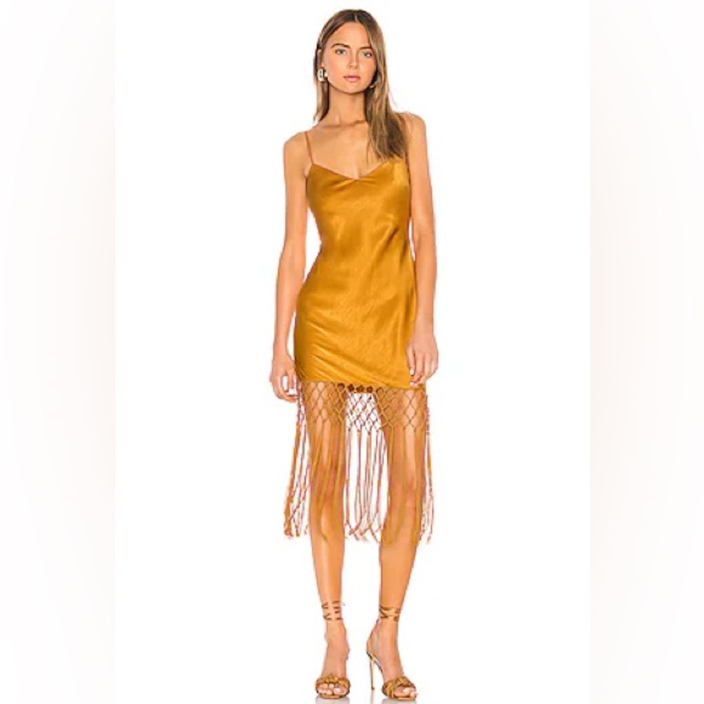 Camila Coelho Orange/Gold Midi Fringe Dress with Adjustable Spaghetti Straps
